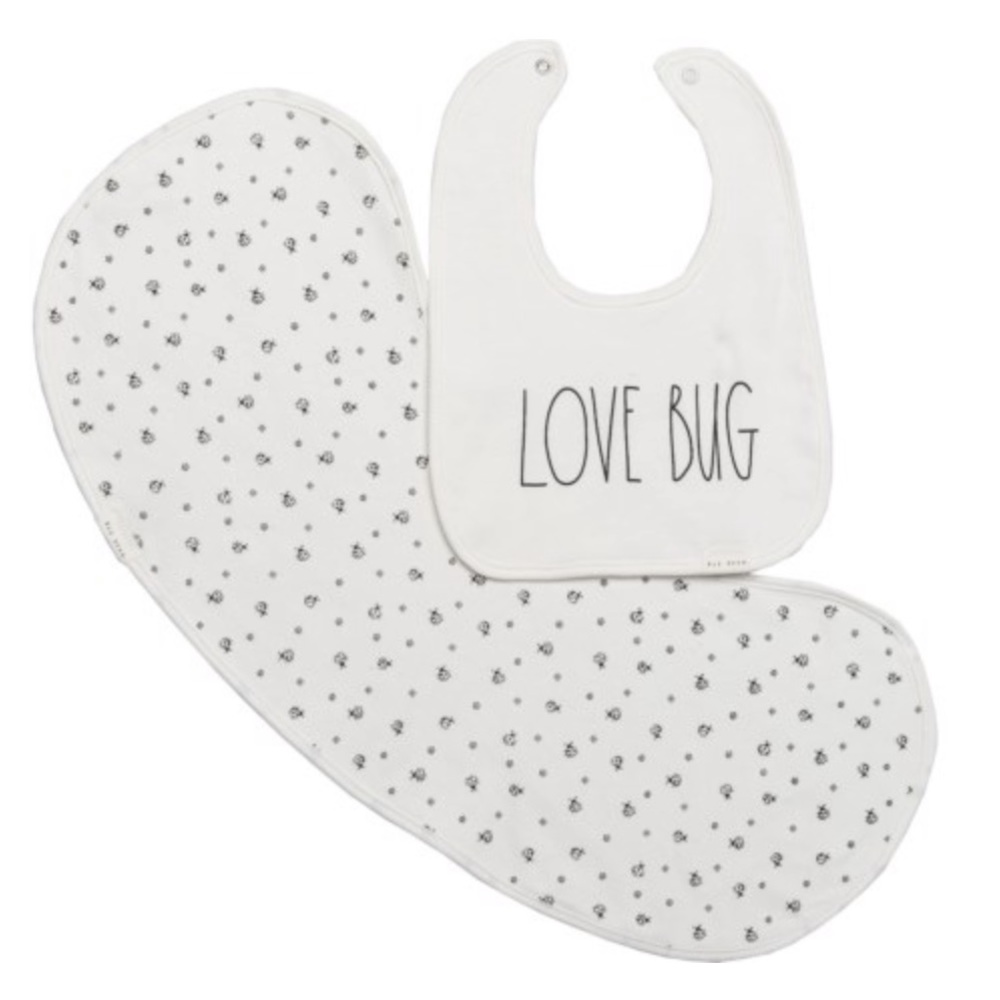 RAE DUNN INFANTS “LOVE BUG” BIB & BURP SET - Picture 1 of 2